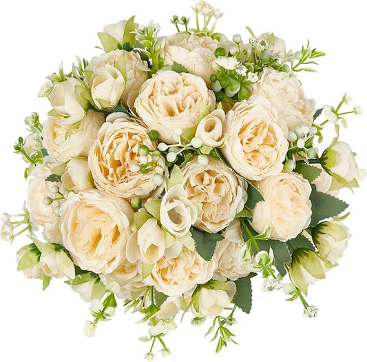 Mkono Peonies Artificial Flowers, Small Silk Flowers for Home Decor Indoor Fake Bouquet Faux Floral Arrangements Dining Table Centerpieces for Kitchen Bridal Wedding Party Decor Champagne