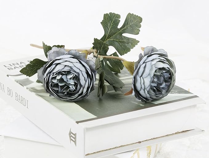 IPOPU 10pcs Dusty Blue Peonies Artificial Flowers Gradient Blue Silk Peonies with Stems Real Touch Fake Peony for Wedding Decoration Bride Bouquet Faux Flowers Floral Arrangement