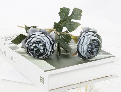 IPOPU 10pcs Dusty Blue Peonies Artificial Flowers Gradient Blue Silk Peonies with Stems Real Touch Fake Peony for Wedding Decoration Bride Bouquet Faux Flowers Floral Arrangement