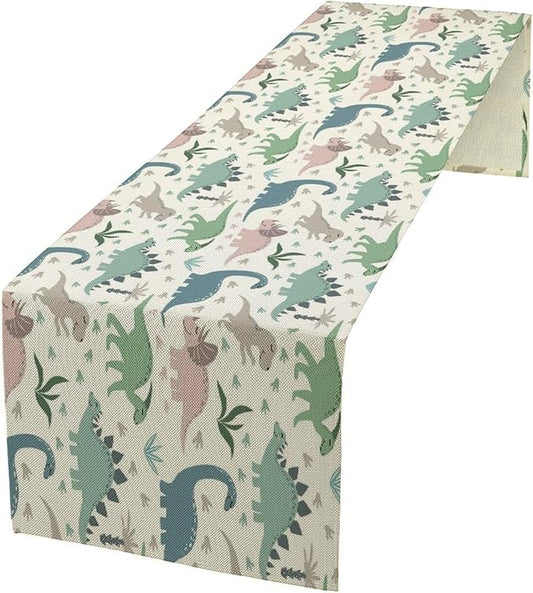 Cartoon Dinosaur Table Runner,Kids Boys Cute Colorful Animal Dino Abstract Print Tablecloth Burlap for Hotel Indoors Outdoor Dining Room Kitchen Holiday Party, 13x90in