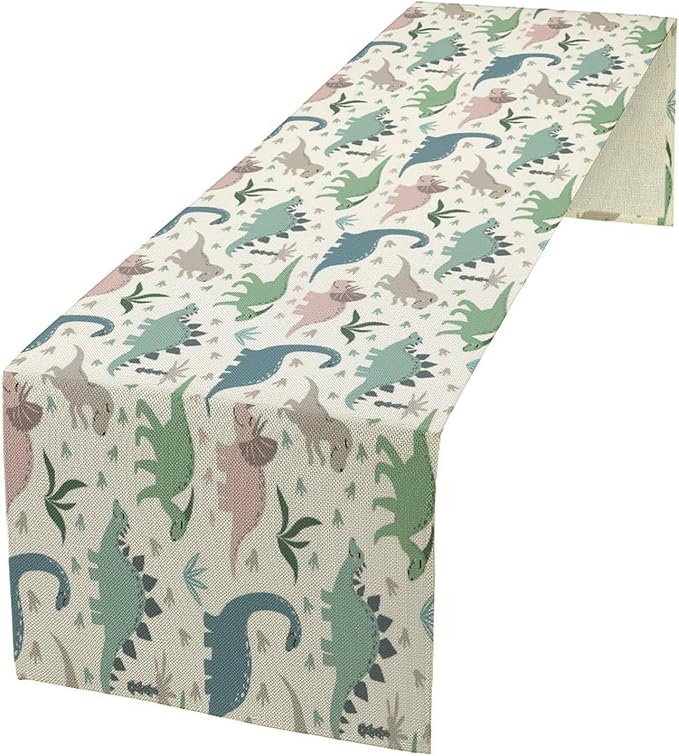 Cartoon Dinosaur Table Runner,Kids Boys Cute Colorful Animal Dino Abstract Print Tablecloth Burlap for Hotel Indoors Outdoor Dining Room Kitchen Holiday Party, 13x60in