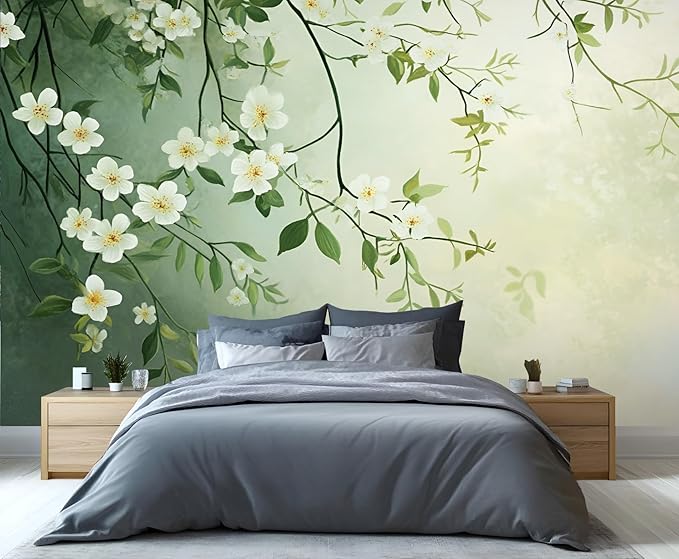 Spring Blossom Floral Wall Mural, Minimalist White Floral 3D Wall Murals, Elegant Botanical Wallpaper Mural, for Living Room Bedroom Large Wallpaper Indoor Decor 137.8" W x100 H