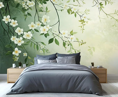Spring Blossom Floral Wall Mural, Minimalist White Floral 3D Wall Murals, Elegant Botanical Wallpaper Mural, for Living Room Bedroom Large Wallpaper Indoor Decor 157.5" W x110.3 H
