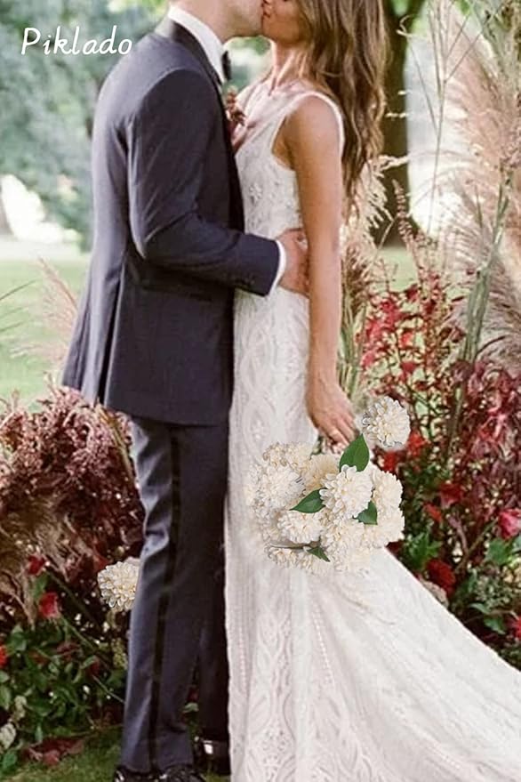 Artificial Wedding Dahlia Flowers 25 pcs Ivory Fake Roses w/Stem for DIY Wedding Decor Centerpieces Arrangements Bouquets(Champagne)