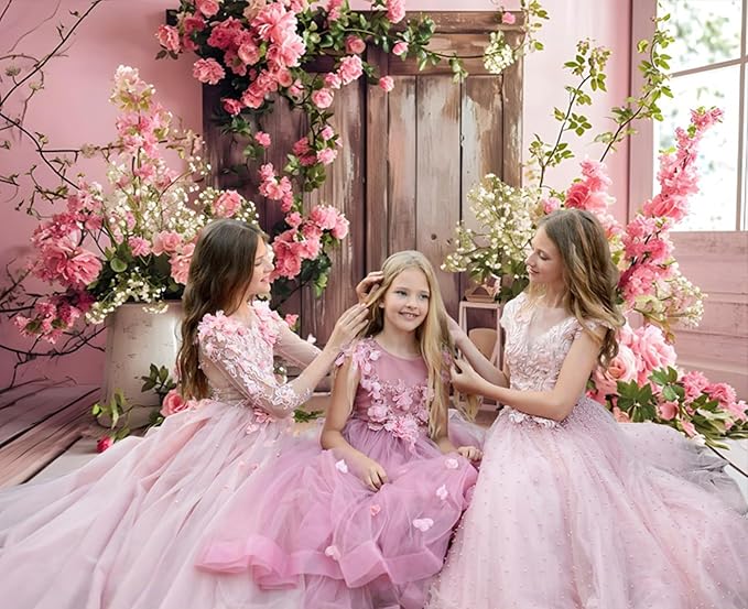 AOTOFO 5x3ft Rustic Wood Floral Backdrop for Baby Shower Newborn Studio Picture Photography Wooden Door Pink Flower Wall Background Wedding Bridal Shower Birthday Party Photoshoot Booth Banner