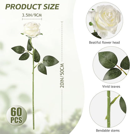 Kisflower 60 Pcs White Roses Artificial Flowers Bulk, Silk Roses with Stem Realistic White Artificial Roses for Decoration DIY Wedding Bouquet Bridal Shower Party Home Table Centerpieces Decor (White)