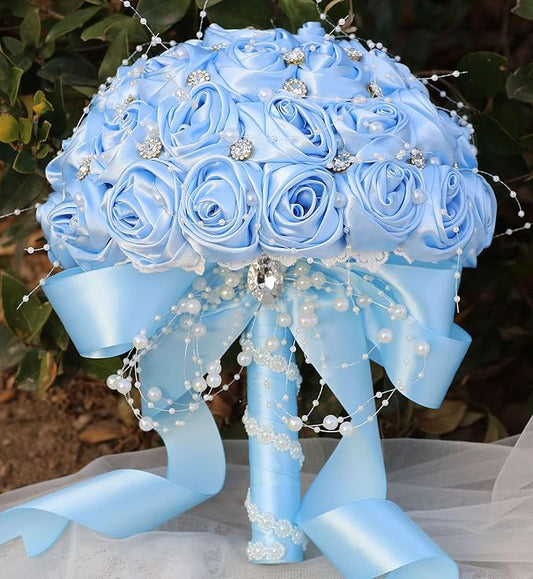 Bridal Wedding Bouquet Round Bling Brooch Bouquet Throw Toss Artificial Rose Flower Bunch for Bride Bridesmaid Wedding Quinceanera(Light Blue, 6.3")