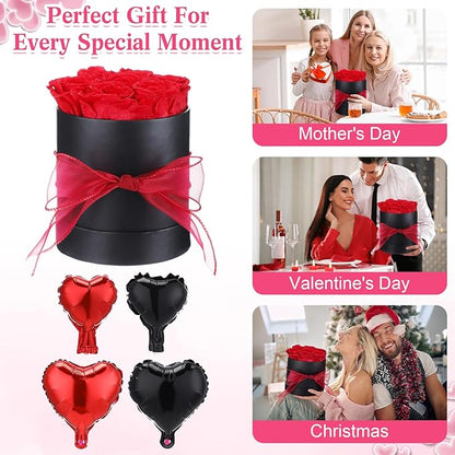 Red Preserved Roses in Box 7 Preserved Forever Flower in a Round Box Last 1-3 Years with Heart Balloon Christmas Surprise Gift for Women Loved One Mom Valentines Anniversaries Need Assembly