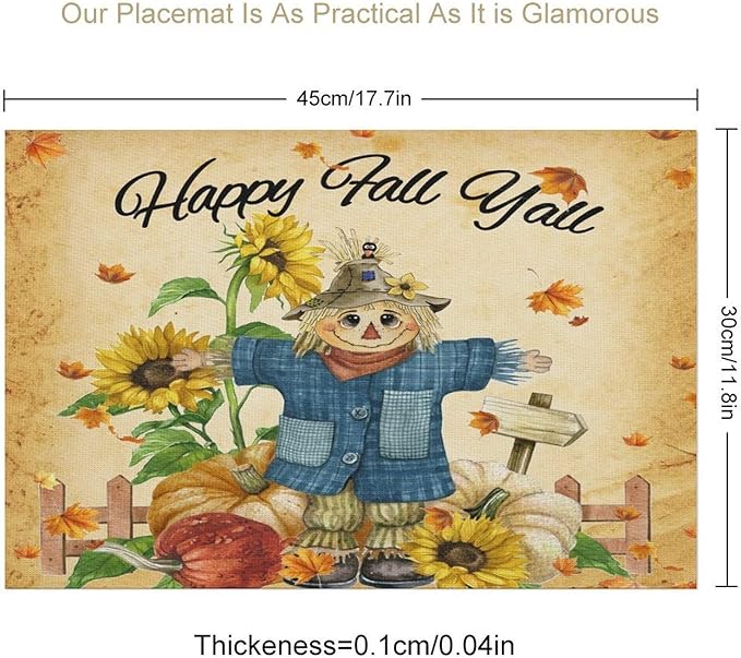 Autumn Scarecrow Placemats Farmhouse Rustic Vintage Brown Sunflower Pumpkin Flower Maple Thanksgiving Placemats Table Kitchen Dining Party 12x18 Inch Set of 6
