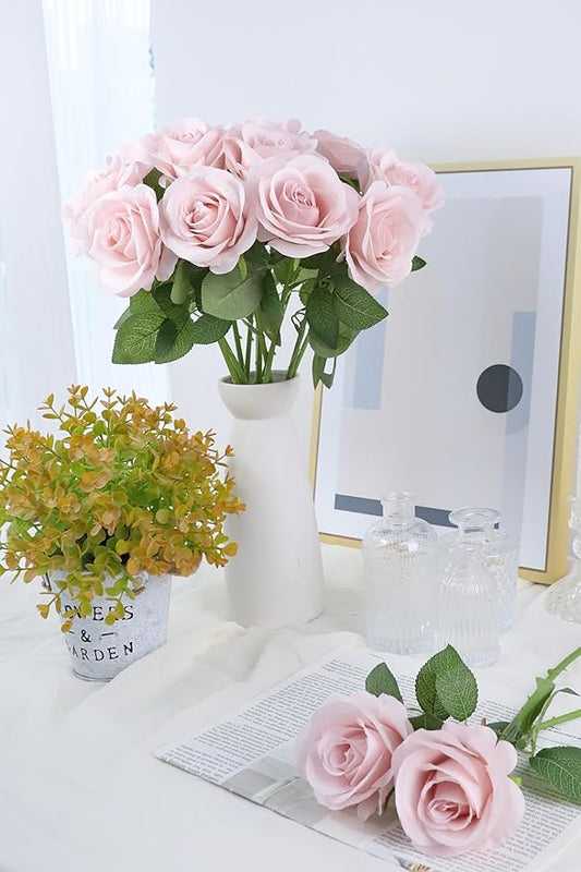 50pcs Roses Artificial Flowers Real Touch Fake Flowers with Long Stems Silk Flowers for Wedding Bouquet Centerpices Decorations Party Bridal Baby Shower Home Decor (Dusty Pink)