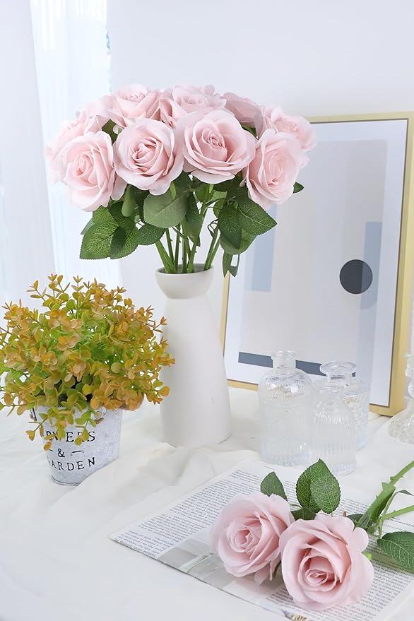 12pcs Roses Artificial Flowers Real Touch Fake Flowers with Long Stems Silk Flowers for Wedding Bouquet Centerpices Decorations Party Bridal Baby Shower Home Decor (Dusty Pink)