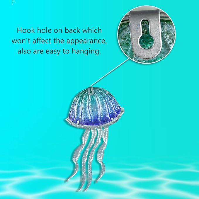 LIFFY Metal Jellyfish Wall Decor - Ocean Tropical Fish Wall Art - Glass Metal Fish Wall Decor for Pool, Beach, Bathroom, Living Room, Bedroom - 15inch, 2Pcs