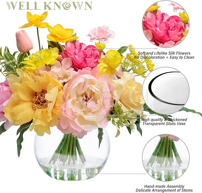 Artificial Flowers Centerpieces in Glass Vase with Fake Water, Silk Rose Peony & Fake PU Tulips Bouquet with Vase for Birthday Party Wedding Dinning Table Office Hotel Decor (Yellow & Hot Pink Plus)