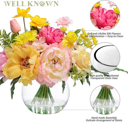 Artificial Flowers Centerpieces in Glass Vase with Fake Water, Silk Rose Peony & Fake PU Tulips Bouquet with Vase for Birthday Party Wedding Dinning Table Office Hotel Decor (Yellow & Hot Pink Plus)