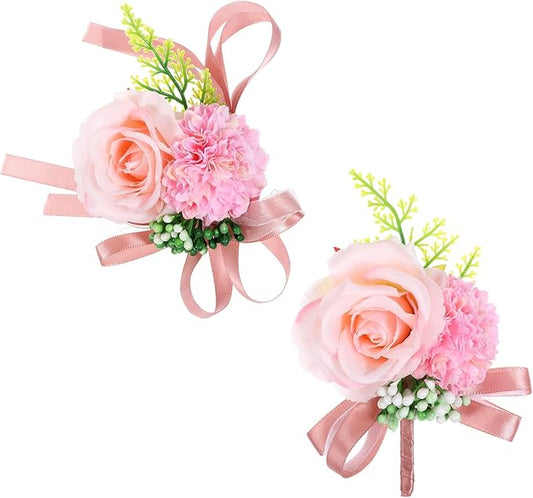 Corsage and Boutonniere Set, Artificial Corsage Wristlet and Boutonniere for Wedding Flowers Accessories (Pink, 2PCS)