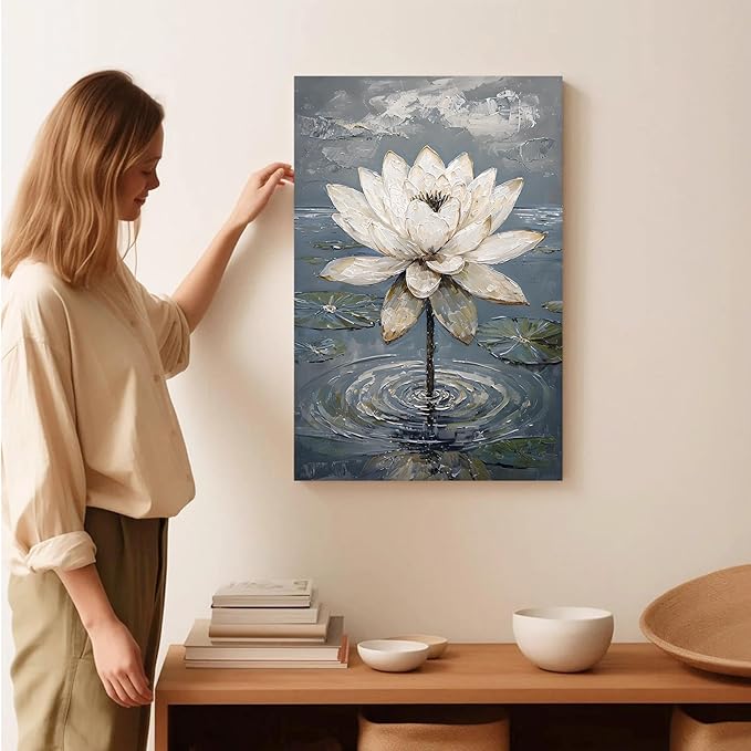 Stunning white lotus emerges from prismatic water with delicate petals background Serene aquatic wall art suitable for modern minimalist decor 20x30in Wood Framed