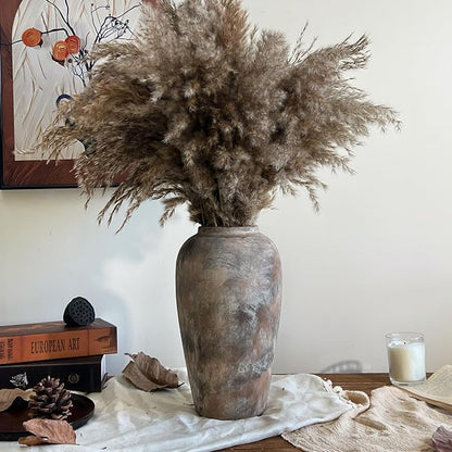 12 Inch Vintage Farmhouse Decor Ceramic Rustic Vase, Handmade Brown Flower Vases for Centerpieces, Living Room & Kitchen Shelf Decorative Pottery Vase for Home Decor