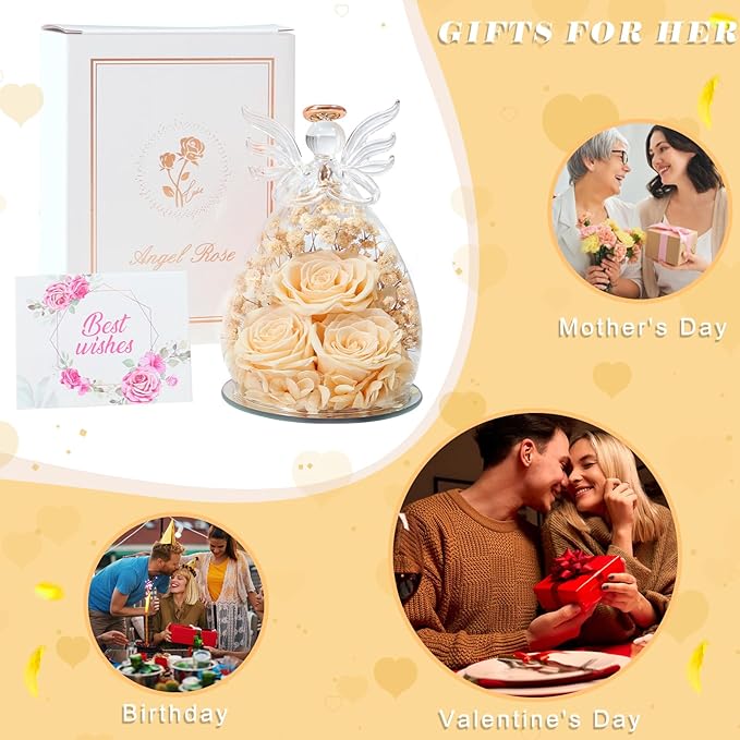 Beferr Christmas Birthday Gifts for Women, Mom Gifts for Christmas Fresh Flowers for Delivery Prime Forever Preserved Rose in Glass Angel Figurine Xmas Gifts for Grandma Wife Sister Her, Champagne