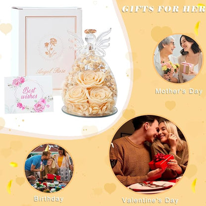 Beferr Christmas Birthday Gifts for Women, Mom Gifts for Christmas Fresh Flowers for Delivery Prime Forever Preserved Rose in Glass Angel Figurine Xmas Gifts for Grandma Wife Sister Her, Champagne