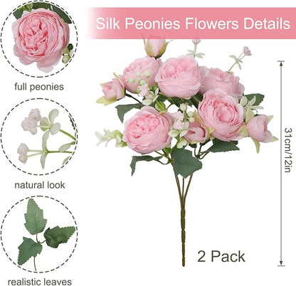 SOMYTING Artificial Peony Flower, Silk Peonies Bouquet Fake Flowers Faux Floral Arrangements Dining Table Centerpieces for Home Kitchen Bridal Wedding Party Decor (Light Pink, 2PCS)