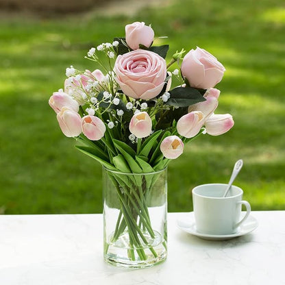 Enova Floral Clear Glass Cylinder Vase 5 x 8 Inches, Clear Flower Vases, Pillar Candle Hurricane Floating Candle Holder Vase, Glass Flower Vase for Wedding Centerpieces, Home Office décor (1 Piece)