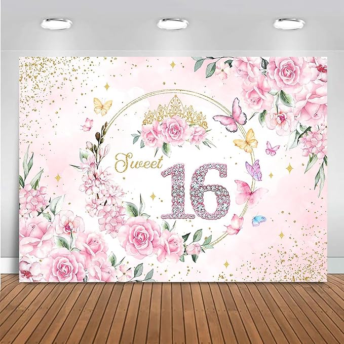 Mocsicka Sweet 16 Backdrop Rose Gold Sweet Sixteen Party Decoration Girls Pink Floral Gold Glitter Butterfly 16 Birthday Banner for Photoshoot (8x6ft)