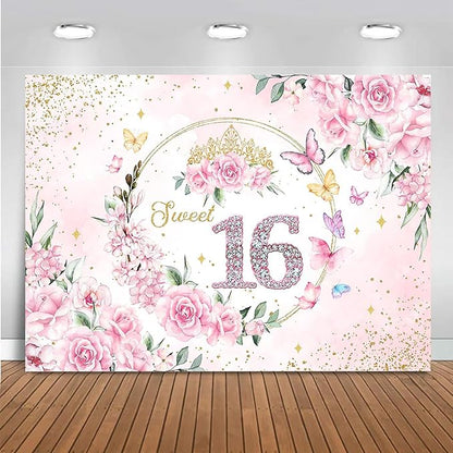 Mocsicka 7x5ft Sweet 16 Backdrop Sweet 16 Banner Decorations for Girls Birthday Party Pink Floral Gold Dots Sweet 16 Background Sweet Sixteen Decorations Photo Booth Props