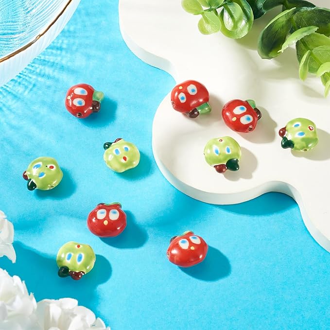 Beadthoven 10pcs Apples Porcelain Beads Red Green Fruits Handmade Ceramic Beads Cute Apples Cartoon Printed Cute Craft Spacers for DIY Jewelry Making Bracelets Necklace Beading Supplies