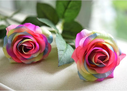 FiveSeasonStuff Rainbow Real Touch Silk Artificial Flowers ‘Petals Feel and Look Like Fresh Roses’ 9 Stems with Eucalyptus, Candle Holders and Jute Ribbon