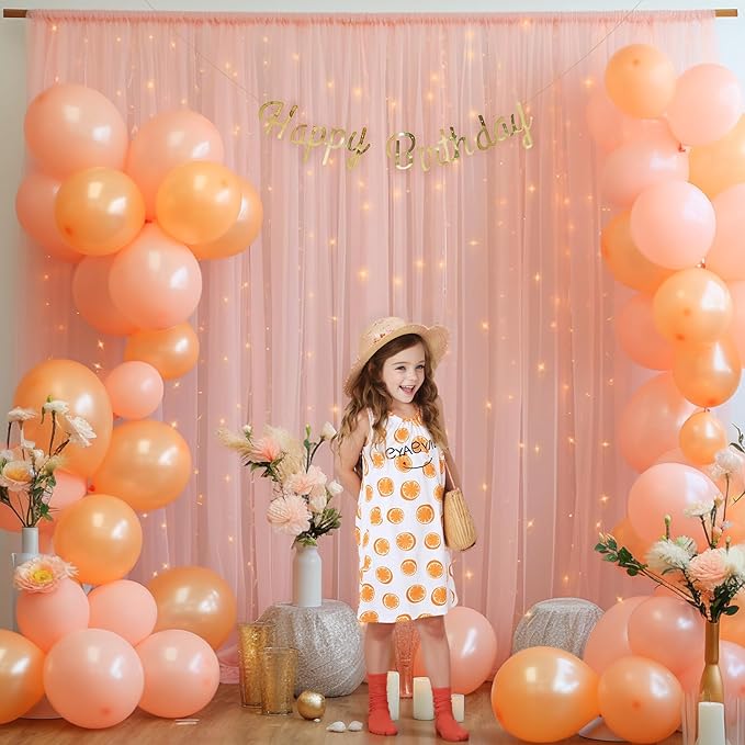 10ft x 8ft Peach Backdrop Curtain with Lights String for Parties, Sheer Tulle Wedding Photo Backdrops Drapes for Baby Shower Birthday Party Decorations Background for Photography
