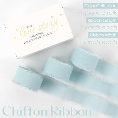 MEEDEE Aqua Chiffon Ribbon 1 Inch Fringe Ribbons Blue Chiffon Silk Frayed Edge Ribbon Thin Chiffon Ribbons for Crafts, Gift Wrapping, Wedding Invitation (3 Rolls 21 Yards)