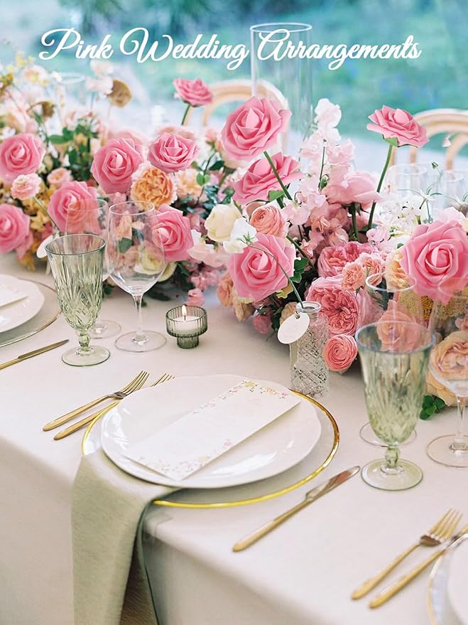 MACTING Pink Artificial Flower Roses 60PCS Real Touch Fake Flowers with Stem Foam Roses for DIY Wedding Bouquet Table Centerpieces Party Bridal Shower Birthday Home Spring Valentines Day Decorations