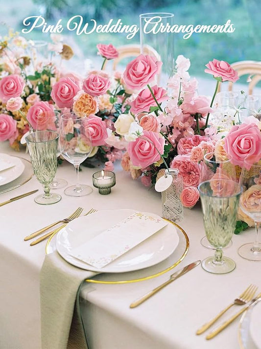 MACTING Pink Artificial Flower Roses 60PCS Real Touch Fake Flowers with Stem Foam Roses for DIY Wedding Bouquet Table Centerpieces Party Bridal Shower Birthday Home Spring Valentines Day Decorations