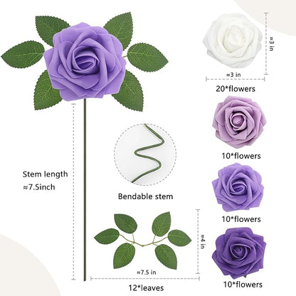 Artificial Flowers 50PCS Purple Roses Real Looking Foam Fake Roses with Leaves and for DIY Wedding Bouquets Bridal Shower Centerpieces Party Decorations (Purple Series, 50)