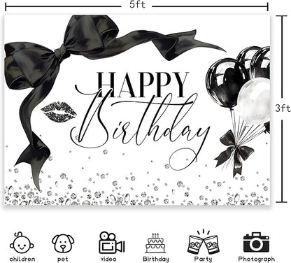 Black Bow Happy Birthday Banner Backdrop 5Wx3H Photography Girls Coquette Birthday Decorations Black White Bowknot Balloons Background Women Party Decorations Photo Booth Props Supplies
