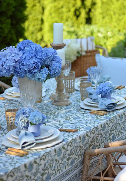 ATOSII Mahoka Blue 100% Cotton Round Tablecloth, Block Print Floral Table Cloth for Dining, Parties, Weddings, Outdoors, Holidays I 90" Inches, 6 Seater I Grandmillennial Farmhouse Boho Summer
