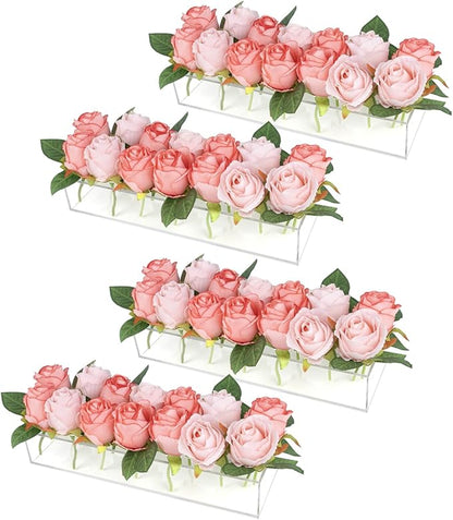 PaulTellie Acrylic Flower Vase Rectangular 4 Pack - Clear Floral Centerpiece for Dining Table Each 14 Inches, Connect to Form 56 Inches Long Rectangle Acrylic Vase for Home Wedding Dining Table Decor