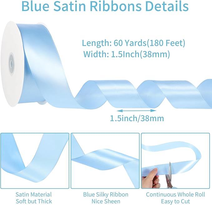 Blue Ribbon 1 1/2 Inch 60 Yards Light Baby Blue Satin Ribbon for Baby Bridal Shower Nursery Party Decor Beach Wedding Bows Crafts Flower Bouquet Gift Wrapping Wreath Christmas