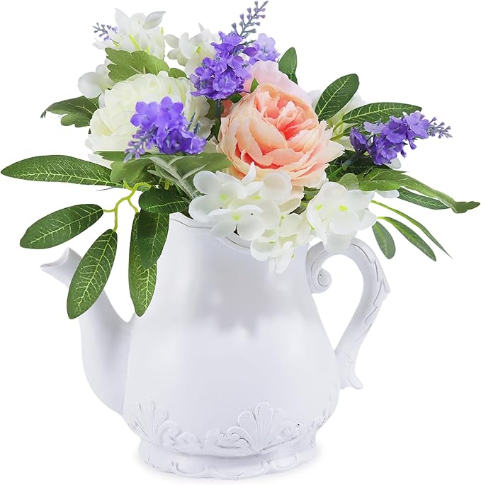 Artificial Flowers in Teapot Vase,Centerpieces Coffee Table Decor,Artificial Flower Arrangement for Home Party Office Wedding Kitchen Room