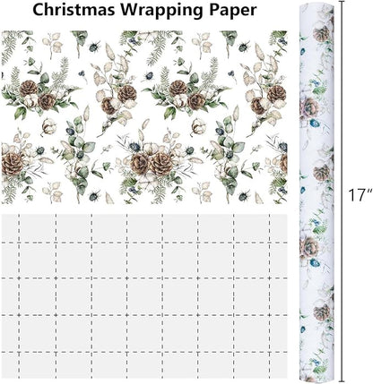 MAYPLUSS Christmas Wrapping Paper Roll - 17 In x 33 Feet - Cute Watercolor Christmas Pinecone Gift Wrap Paper for New Year, Holiday, Kids