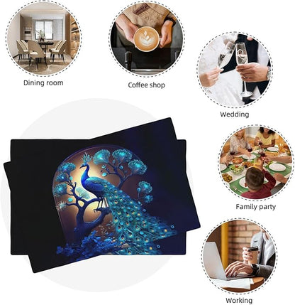 Blue Peacock Placemats Set of 6, Peacock Tree Place Mats Washable Double-Sided Table Mats for Kitchen Dining Room Home Party Indoor Decor 6 PCS 12x18 Inch