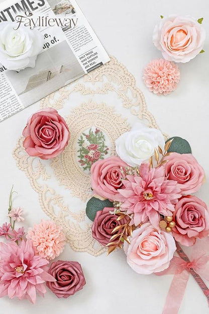 Artificial Flowers, 2PCS Silk Pink Flowers for DIY Wedding Bridal Bouquets, Fake Cake Flowers for Centerpieces,Baby Shower, Table Arrangement, Home Party Decorations