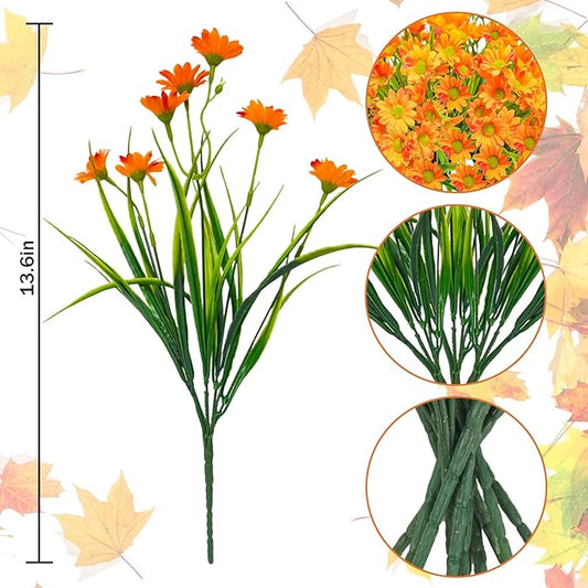 Uieke 24 Bundles Artificial Flowers for Outdoors - UV Resistant Fake Daisy Mums Faux Fall Flowers No Fade for Home Garden Patio Autumn Decor - Orange Yellow