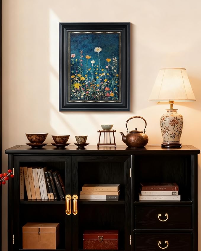 WHASAYART Vintage 3D Textured Botanical Floral 16x20 Framed Wildflower Wall Art, Rustic Dark Blue Colorful Flower Artwork, Retro Vibrant Painting Living Room Kitchen Bedroom Hallway Home Decor