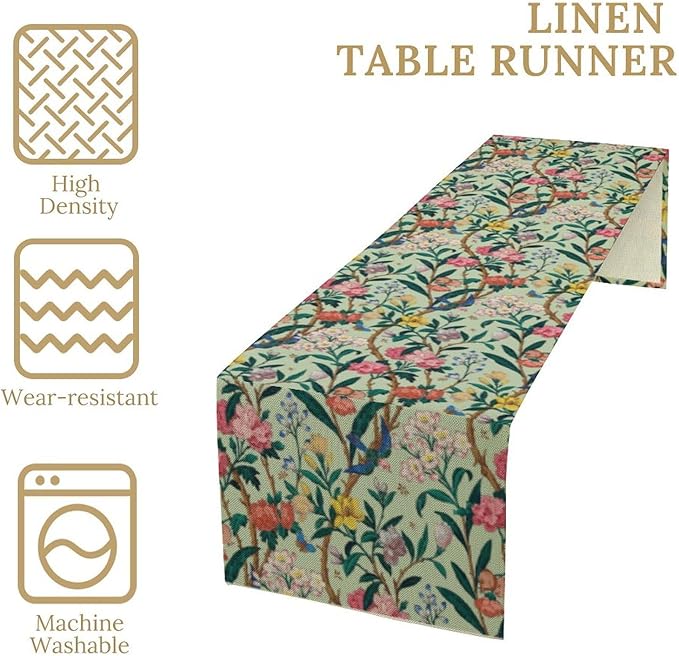 William Morris Floral Table Runner, Birds Butterflies and Bees Botanical Flower Original Design Print Table Runner for Home Party Dining Room Kitchen Decor 13x108 Inch