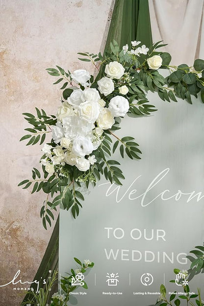 Ling's moment Artificial Wedding Arch Flowers Kit Pack of 4, 2pcs Hanging Silk Flowers Arrangement 2pcs Chiffon Drapes Ceremony Spring Fake Rose Arbor Backdrop White Sage Floral Party Outdoor Decor
