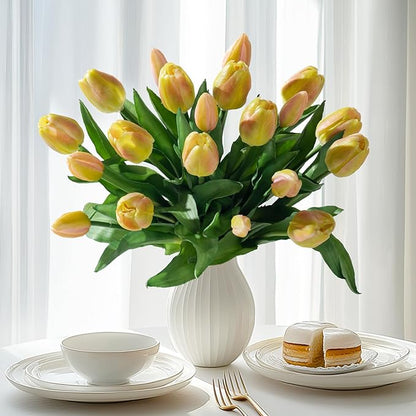 20PCS Fake Tulips Artificial Tulip Silk Flowers Fake PU Bouquet Artificial Flowers Faux Flowers with Gift Box Soft Faux Tulips Bouquets Arrangements for Party Wedding Home