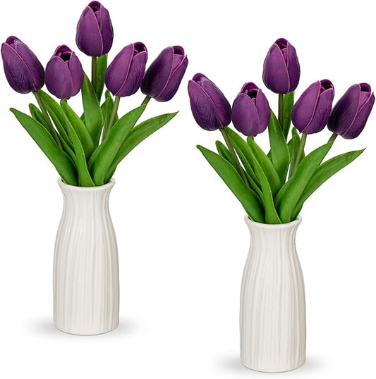 Briful 2 Packs Faux Flowers Artificial Tulips with Ceramic Vase, Poly Foam Purple Tulips Real Touch Flower Arrangement for Home Kitchen Wedding Centerpiece Decoration