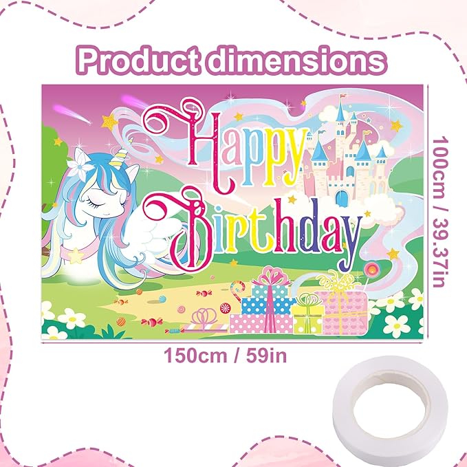 Unicorn Birthday Backdrop Banner, 150x100cm/59x39.37 Inch Happy Birthday Cartoon Theme Decoration Rainbow Unicorn Background Banner Photo Props for Party Girl Kid