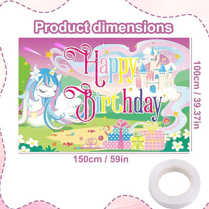 Unicorn Birthday Backdrop Banner, 150x100cm/59x39.37 Inch Happy Birthday Cartoon Theme Decoration Rainbow Unicorn Background Banner Photo Props for Party Girl Kid